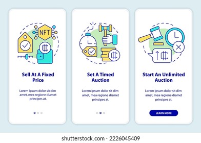 Ways of selling NFTs onboarding mobile app screen. Business walkthrough 3 steps editable graphic instructions with linear concepts. UI, UX, GUI template. Myriad Pro-Bold, Regular fonts used