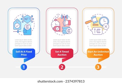 Formas de vender la plantilla de infografía rectangular de NFT. Negocios. Visualización de datos con 3 pasos. Gráfico de información de línea de tiempo editable. Diseño de flujo de trabajo con iconos de línea. Multitud de tipos de letra Pro-Bold, con uso regular