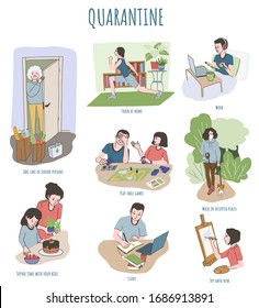 Ways to spend time in quarantine. Covid-19 quarantine, working at home, how to work. Stay at home poster. Hand drawn vector illustration, flat style.