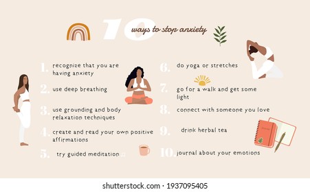 Ways to stop anxiety. Strees, anxiety, fear, depression treatment. Vector