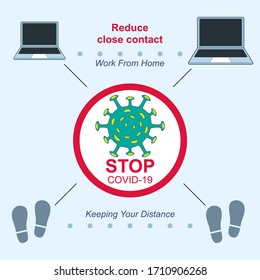Ways to stop covid-19 pandemic. Work from home and keeping your distance to reduce close contact. Vector illustration outline flat design style.