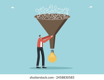 Ways and strategies for creating new ideas, creativity and thought process, intelligence and thought process to solve difficult situations, man turns confused thoughts into light bulb using funnel.