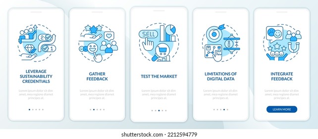 Ways to sustain your brand blue onboarding mobile app screen. Walkthrough 5 steps editable graphic instructions with linear concepts. UI, UX, GUI template. Myriad Pro-Bold, Regular fonts used
