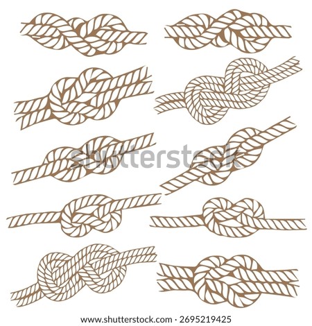 Ways to tie knots on a rope. For marine gear and mountaineering. A hand-drawn vector illustration of a set of rope knots.
