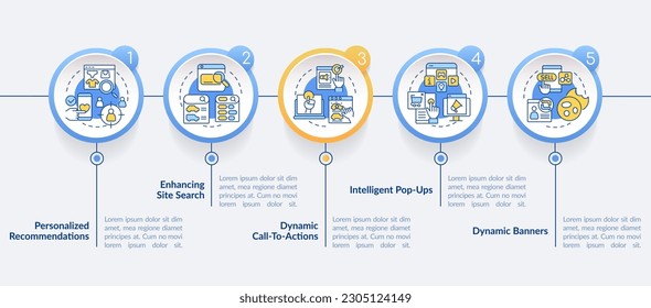 Ways to use dynamic content circle infographic template. Recommendations. Data visualization with 5 steps. Editable timeline info chart. Workflow layout with line icons. Lato-Bold, Regular fonts used