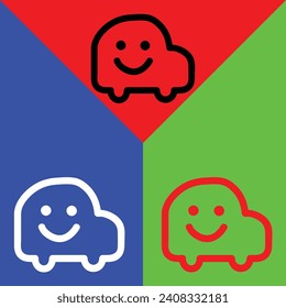 Waze Vector icon, Outline style, isolated on Red, Green and Blue Background.