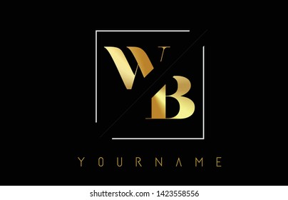 WB Golden Letter Logo with Cutted and Intersected Design and Square Frame Vector Illustration