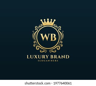 WB Initial Letter, Gold text with feminine floral hand drawn heraldic monogram, Antique vintage style luxury logo design.