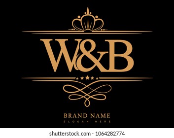 W&B Initial logo, Ampersand initial logo gold with crown and classic pattern