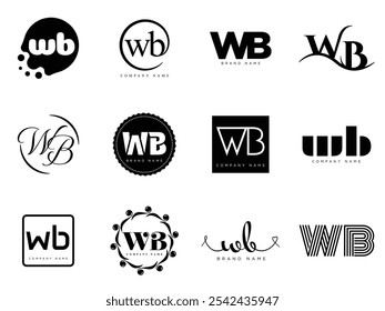 WB logo company template. Letter w and b logotype. Set different classic serif lettering and modern bold text with design elements. Initial font typography. Collection trendy business identity.