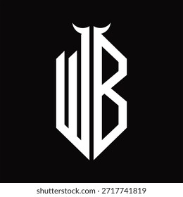 WB Logo monograma con forma de cuerno aislado Plantilla de diseño en blanco y negro sobre fondo negro