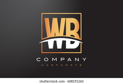 WB W B Golden Letter Logo Design with Swoosh and Rectangle Square Box Vector Design.