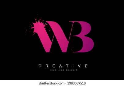 WB W B Letter Logo Design with Black Ink Watercolor Splash Spill Vector Illustration.