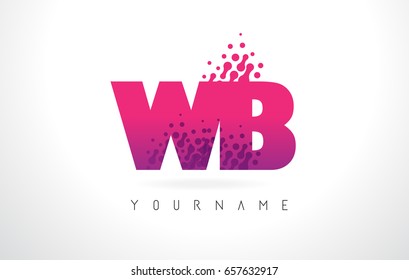 WB W B Letter Logo with Pink Letters and Purple Color Particles Dots Design.