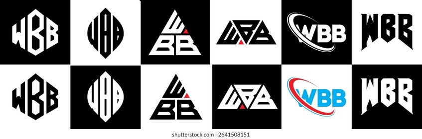 WBB letter logo design in six style. WBB polygon, circle, triangle, hexagon, flat and simple style with black and white color variation letter logo set in one artboard. WBB minimalist and classic logo