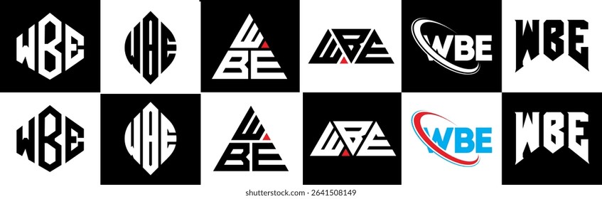 WBE letter logo design in six style. WBE polygon, circle, triangle, hexagon, flat and simple style with black and white color variation letter logo set in one artboard. WBE minimalist and classic logo