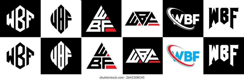 WBF letter logo design in six style. WBF polygon, circle, triangle, hexagon, flat and simple style with black and white color variation letter logo set in one artboard. WBF minimalist and classic logo