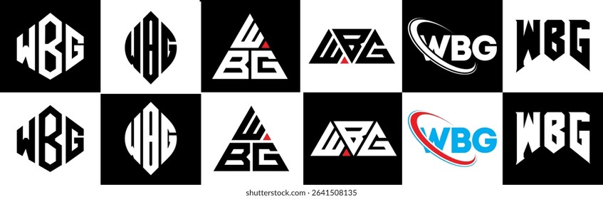 WBG letter logo design in six style. WBG polygon, circle, triangle, hexagon, flat and simple style with black and white color variation letter logo set in one artboard. WBG minimalist and classic logo