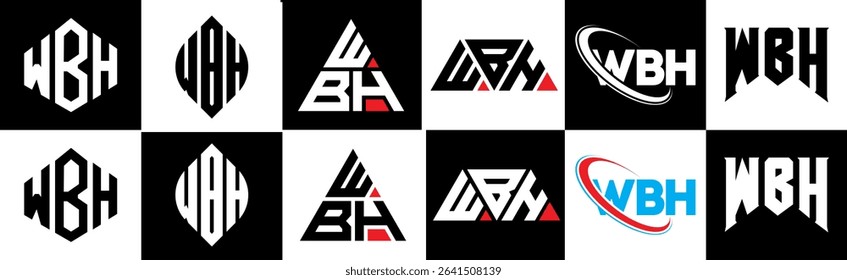 WBH letter logo design in six style. WBH polygon, circle, triangle, hexagon, flat and simple style with black and white color variation letter logo set in one artboard. WBH minimalist and classic logo