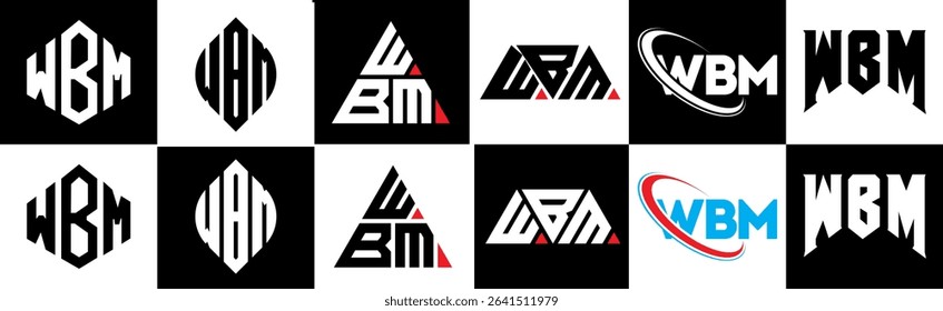 WBM letter logo design in six style. WBM polygon, circle, triangle, hexagon, flat and simple style with black and white color variation letter logo set in one artboard. WBM minimalist and classic logo