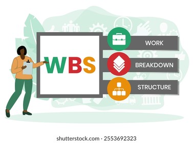 WBS - Work Breakdown Structure acronym. business concept background. vector illustration concept with keywords and icons. lettering illustration with icons for web banner, flyer, landing