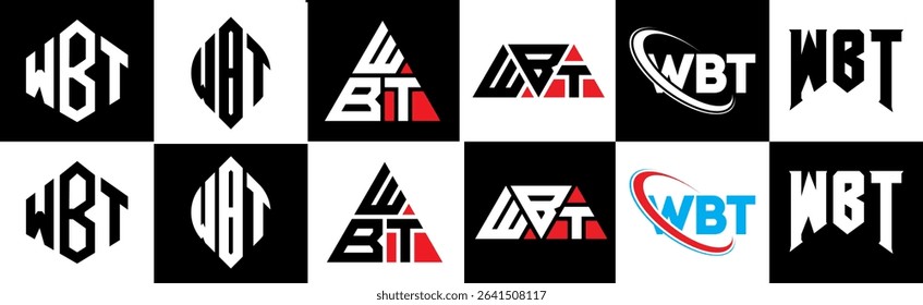 WBT letter logo design in six style. WBT polygon, circle, triangle, hexagon, flat and simple style with black and white color variation letter logo set in one artboard. WBT minimalist and classic logo