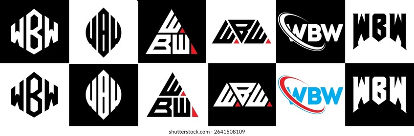 WBW letter logo design in six style. WBW polygon, circle, triangle, hexagon, flat and simple style with black and white color variation letter logo set in one artboard. WBW minimalist and classic logo