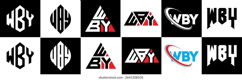 WBY letter logo design in six style. WBY polygon, circle, triangle, hexagon, flat and simple style with black and white color variation letter logo set in one artboard. WBY minimalist and classic logo
