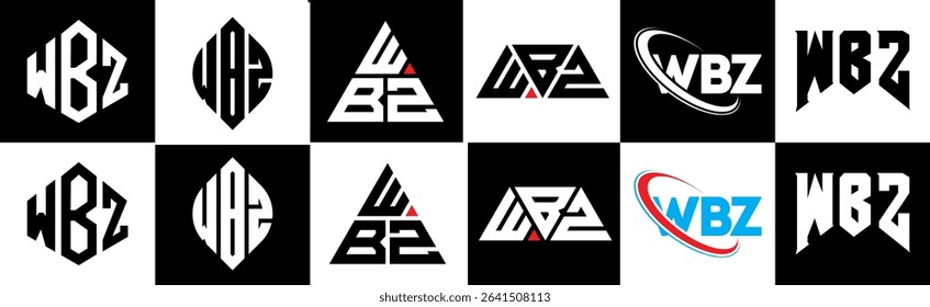 WBZ letter logo design in six style. WBZ polygon, circle, triangle, hexagon, flat and simple style with black and white color variation letter logo set in one artboard. WBZ minimalist and classic logo