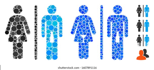 WC alcoholic persons composition of small circles in different sizes and color tinges, based on WC alcoholic persons icon. Vector small circles are grouped into blue mosaic.