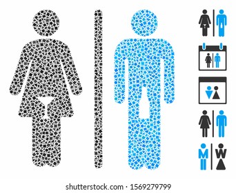 WC alcoholic persons icon mosaic of inequal pieces in variable sizes and color tints, based on WC alcoholic persons icon. Vector inequal pieces are grouped into mosaic.