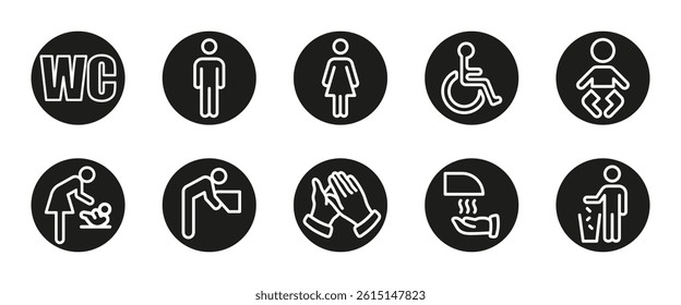 WC black icon set. Public toilet and hygiene facilities glyph vector illustration. Gender, baby changing and accessibility symbols. Sanitary pictograms for restroom signage and public bathroom.