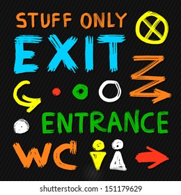 WC, entrance, exit, silhouettes, vector arrows on a black background. brush stroke