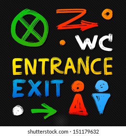 WC, entrance, exit, silhouettes, vector arrows on a black background. brush stroke