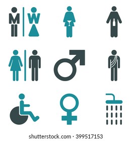 WC Gender Persons vector icon set. Style is bicolor soft blue flat symbols isolated on a white background.