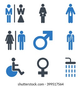 WC Gender Persons vector icon set. Style is bicolor smooth blue flat symbols isolated on a white background.