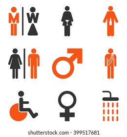 WC Gender Persons vector icon set. Style is bicolor orange and gray flat symbols isolated on a white background.