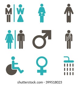 WC Gender Persons vector icon set. Style is bicolor grey and cyan flat symbols isolated on a white background.