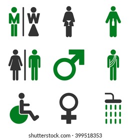 WC Gender Persons vector icon set. Style is bicolor green and gray flat symbols isolated on a white background.