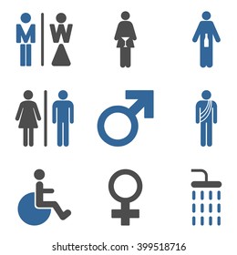 WC Gender Persons vector icon set. Style is bicolor cobalt and gray flat symbols isolated on a white background.
