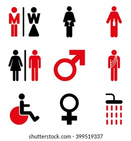 WC Gender Persons vector icon set. Style is bicolor intensive red and black flat symbols isolated on a white background.