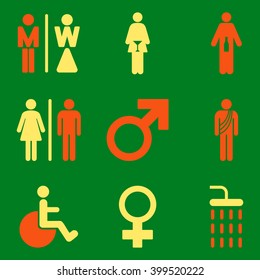 WC Gender Persons vector icon set. Style is bicolor orange and yellow flat symbols isolated on a green background.