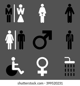 WC Gender Persons vector icon set. Style is bicolor black and white flat symbols isolated on a gray background.