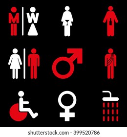WC Gender Persons vector icon set. Style is bicolor red and white flat symbols isolated on a black background.