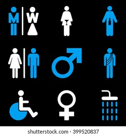 WC Gender Persons vector icon set. Style is bicolor blue and white flat symbols isolated on a black background.