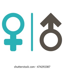 WC Gender Symbols icon. Vector style is bicolor flat iconic symbol, grey and cyan colors, white background.
