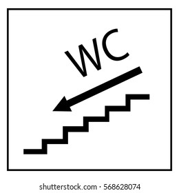 WC icon and arrow left in black square on white background. Sign restroom women and men. Symbol public washroom and bathroom. Template for poster,sign. Flat vector image. Vector illustration.