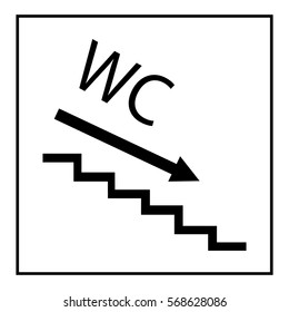WC icon and arrow left in black square on white background. Sign restroom women and men. Symbol public washroom and bathroom. Template for poster,sign. Flat vector image. Vector illustration.