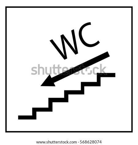 WC icon and arrow left in black square on white background. Sign restroom women and men. Symbol public washroom and bathroom. Template for poster,sign. Flat vector image. Vector illustration.