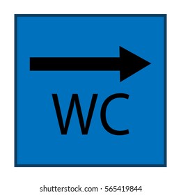 WC icon and arrow right in blue square on white background. Sign restroom women and men. Symbol public washroom and bathroom. Template for poster,sign. Flat vector image. Vector illustration.